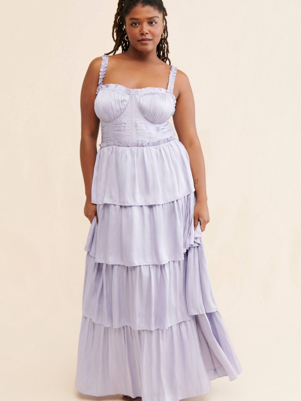 Altar'd State Soft Lilac Tiered Maxi Dress with Ruched Bodice